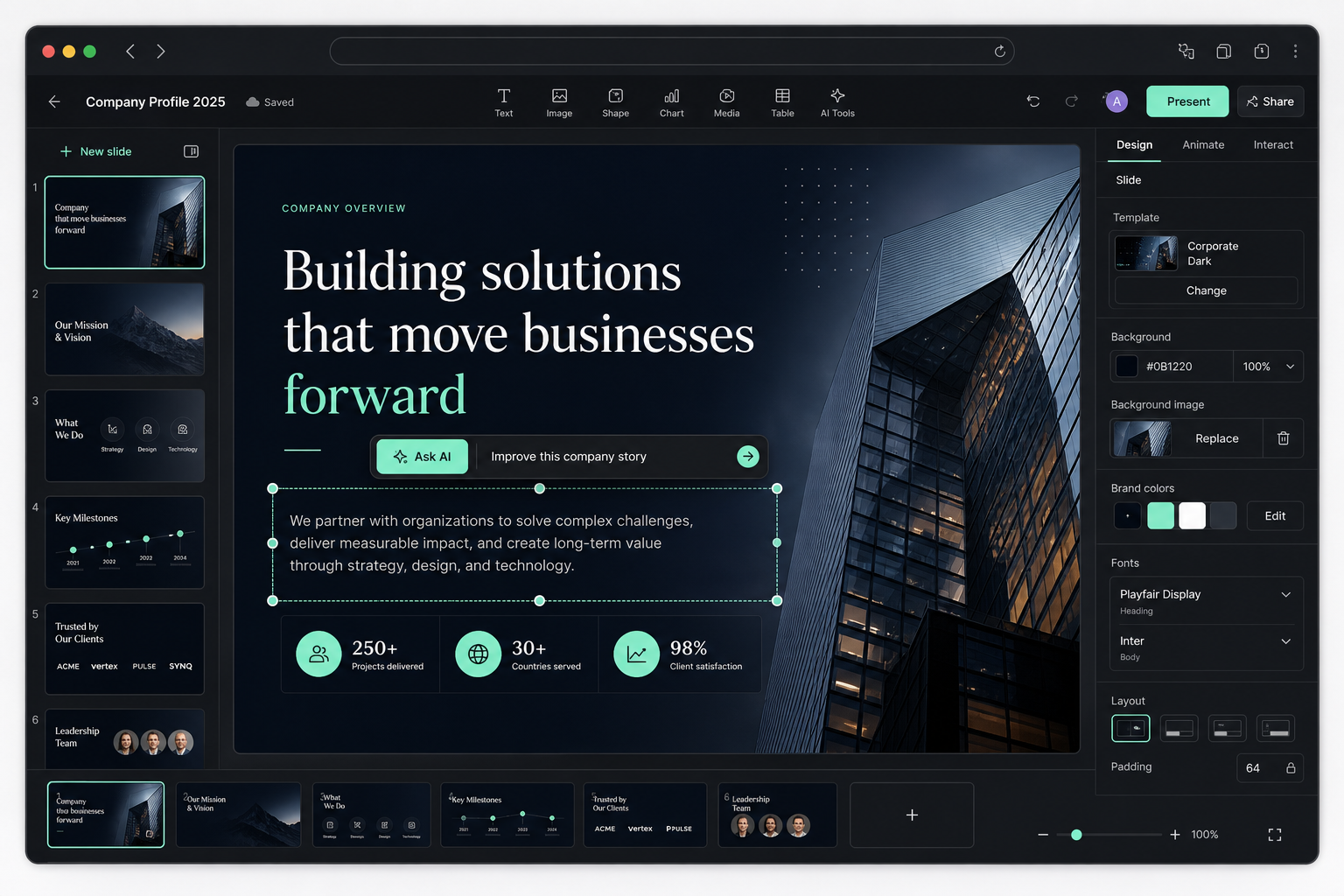 Flato editable company profile presentation with brand-consistent sections